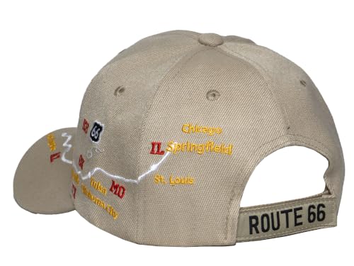 Image of TOP HEADWEAR Route 66 Embroidered Baseball Cap Americana Travel Hat | Mens Womens Historic Highway Inspired Style & Detailed Road Map Embroidery