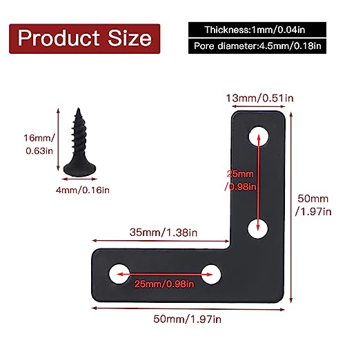Joyangy 20pcs 2 x 2 Inch Black L Flat Shape Braces Corner Bracket, 50x50 mm Decorative Corner Brackets Mending Plate, Cold Rolled Steel 90 Dgree Angle Bracket for Wood Furniture Fixing - Image 2