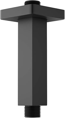 Brazo de ducha negro mate con brida, cuadrado, tubo de extensión montado en el techo de acero inoxidable para cabezal de ducha de lluvia, 4 pulgadas