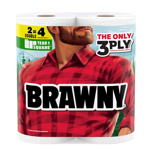 Image of Brawny Tear-A-Square 3-Ply Paper Towels, 2 Double Rolls : 4 Regular Rolls, Strong, Absorbent, and Durable with 3 Sheet Sizes (Quarter, Half, Full) (Pack of 12)