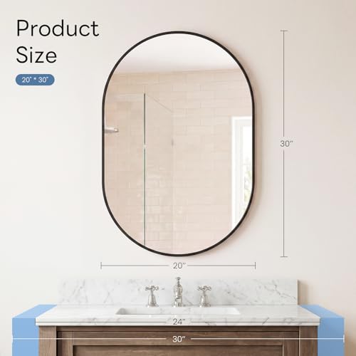 Image of NEWBULIG 20 inch x 30 inch Oval Bathroom Mirror, Black Wall Mirrors with Metal Frame, Tempered Glass, Morden Vanity Mirror for Over Sink, Entryway, Living Room, Bedroom, Horizontal or Vertical