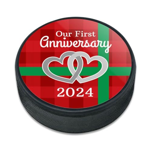 Our First Anniversary Hearts Red Plaid Green Bow 2024 Ice Hockey Puck