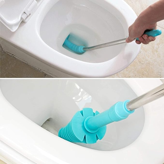 Sbloccante per WC resistente, a pistone, con testa in gomma flessibile da 72 cm, con manico in acciaio inox, per WC a sifone intasato (blu)