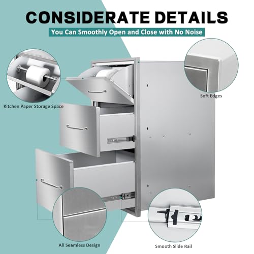Image of Outdoor Kitchen Drawers with Paper Towel Holder 17 inch W x 30 inchH x 20 inchD Stainless Steel Paper Towel Drawer Flush Mount Access Drawers for Outdoor Kitchen Island, Patio Grill Station