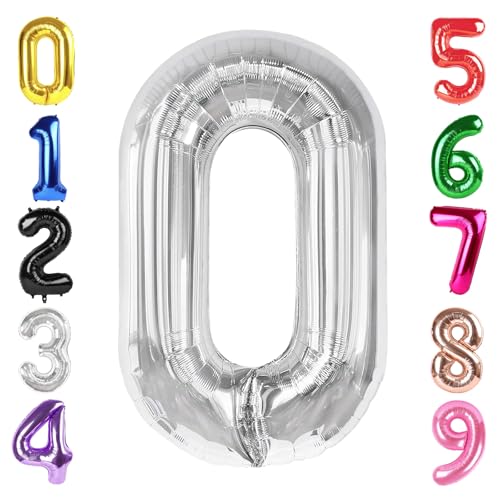Image of 40 Inch Silver Number 0 Balloon Birthday Party Decorations for Men & Women | 40 Inch Silver inflatable foil number balloons, large birthday decorations for 0th birthday