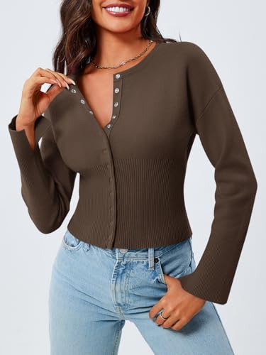 Saodimallsu Womens Cropped Sweaters Button Down Long Sleeve V Neck Ribbed Knit Slim Fit Pullover Crop Tops3