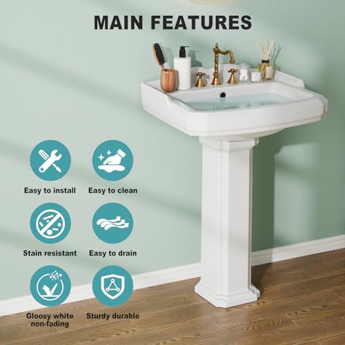Bathroom Pedestal Sinks,Pedestal Sink 23" W X 19" D Vintage White Ceramic Pedestal Bathroom Sink With Overflow and 3 Pre-Drilled Holes - Fits 8-Inch Faucets