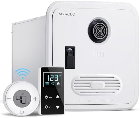 RV On Demand Water Heater Propane, MYACUC Wireless Remote Control Instant Tankless Hot Water Heater with 15" x 15" Door for Camper, 55000 BTU