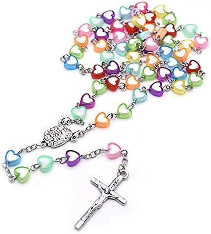 Handmade Wooden Resin Crucifix Rosary Beads Chain Pendant Necklace Colorful Love Heart Catholic Cross Virgin Mary Jesus Necklace for Women Girl Men Boy Religious Lord Praying Jewelry Gift-A heart