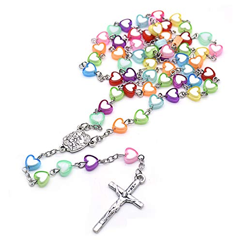 Caiyao Handmade Wooden Resin Crucifix Rosary Beads Chain Pendant Necklace Colorful Love Heart Catholic Cross Virgin Mary Jesus Necklace for Women Men Religious Lord Praying Jewelry Gift-A heart