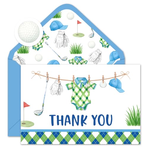 Whaline 50 Pack Golf Baby Shower Thank You Cards Greeting Card with Envelopes Stickers Blue Green Golf Ball Club Glove Hat Cloth Blank Note Card for Boys Birthday Sport Party, 4 x 6 Inch