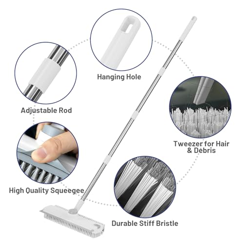 Image of 3 in 1 Floor Scrub Brush with Long Handle & Squeegee | Heavy-Duty, Adjustable, 360 Rotating Head for Cleaning Tile Bathroom Deck Kitchen Patio, White