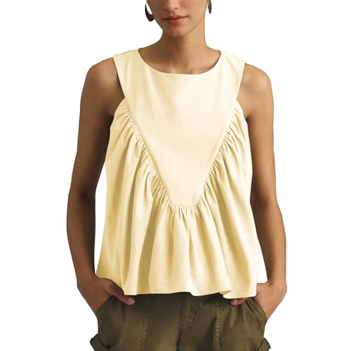 Hixiaohe Shirred Swing Tank Tops for Women Fashion Flowy Sleeveless Shirts Casual Crew Neck Blouse Loose Fit Ruffled Tops(Yellow,S)