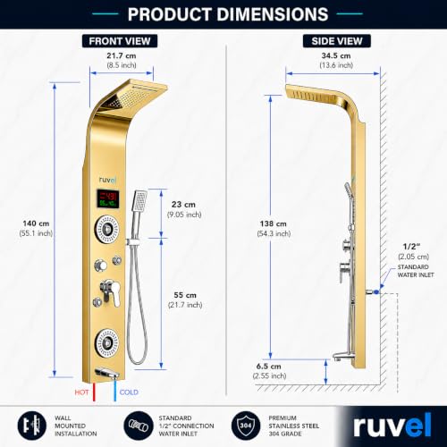 Image of RUVEL Shower Panel - Sayflow with 7-in-1 Hydro Powered LED Display, Rainfall Shower Head, Waterfall Shower, Dual Body Massage Jets, 360 Adjustable Mist Spray, Handheld Shower, Tub Spout (Gold)