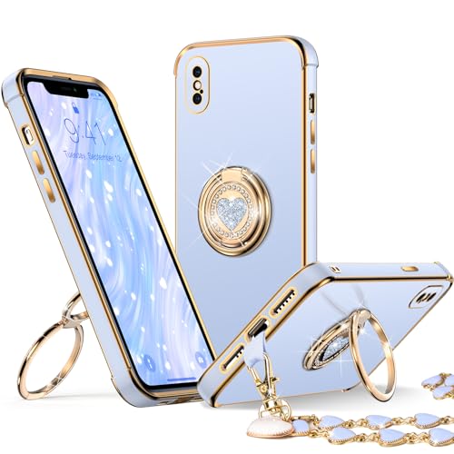 Coque iPhone X et XS avec double anneau support bleu pailleté