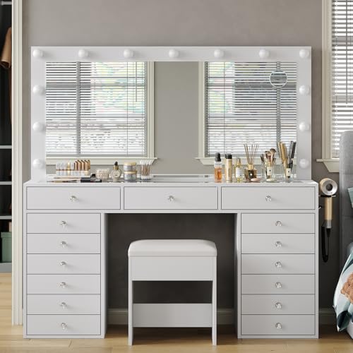 Yanosaku 55' W Vanity Desk, Makeup Vanity with Charging Station, 15 Drawers with Lighted Mirror, 3...
