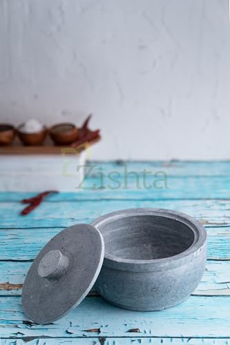 Image of Zishta Soapstone Storage Container with Lid - Medium | Traditional Curd Pot | Naturally Cooling Stone | 0.65-0.75L | Perfect for Setting Curd, Storing Salt, Pickle & Tamarind | 12.7cm
