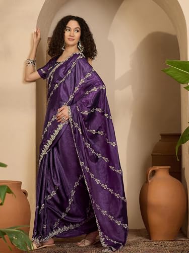 Image of SIRIL Women's Shimmer Georgette Embroidery Scalloped Border Saree with Unstitched Blouse Piece