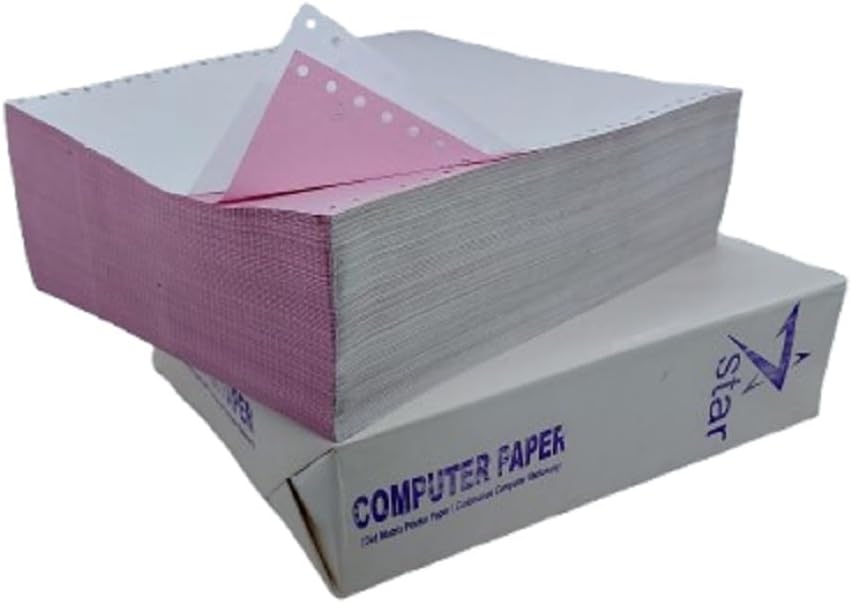7Star Carbonless Continuous Computer Paper 10x12 Inch, 2 Ply Pin-Fed NCR Dot Matrix Printer Stationery Business Forms (55 GSM, 500 Sets / 1000 Sheets, White and Pink)