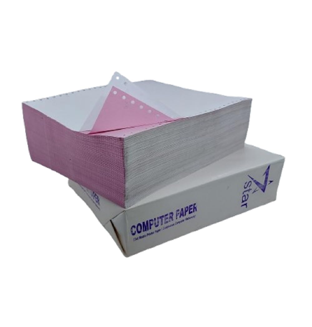 7Star Carbonless Continuous Computer Paper 10x12 Inch, 2 Ply Pin-Fed NCR Dot Matrix Printer Stationery Business Forms (55 GSM, 500 Sets / 1000 Sheets, White and Pink)