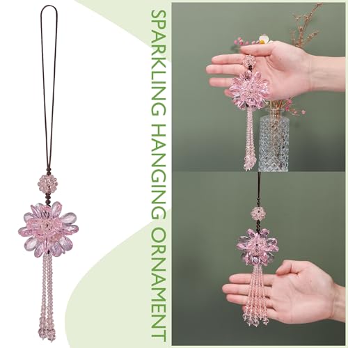 Image of Crystal Flower Ball Car Pendant Lucky Car Mirror Hanging Ornament Crystal Suncatcher Hanging Charm Auto Interior Decoration, Pink