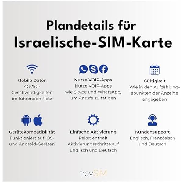 travSIM eSIM Израиль 15 дней - 10 ГБ данных на SIM-карте высокоскоростные данные 5G 4G неограниченный доступ в Интернет для Google Facebook Whatsapp Instagram и др.