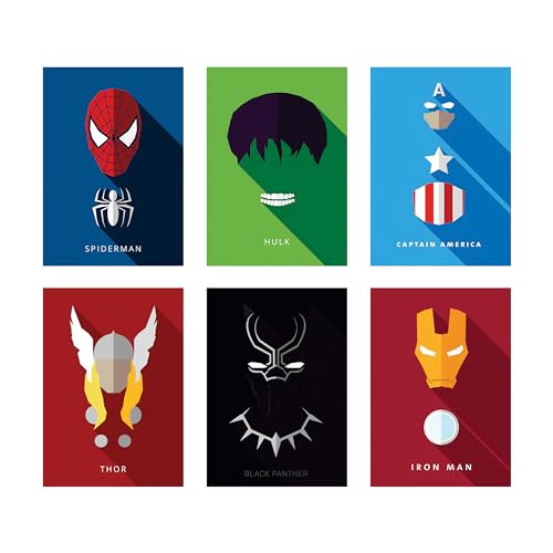 Image of CodersParadise Wood Pack Of 6 - Superhereos Wall Posters 8X12 Inch (A4 Size) Included Glue Dots Wall Decor Posters Wall Art For Bedroom, Living Room, Office