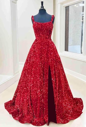 Fu Jiang Sparkly Sequin Prom Dresses for Women 2025 Long Ball Gown Spaghetti Straps Formal Evening Gowns with Slit4