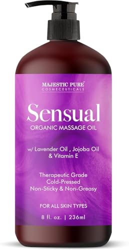 MAJESTIC PURE Organic Sensual Massage Oil for Massage Therapy - Refreshing, and Relaxing - Natural Oils for Date Night with Vitamin E - for All Skin Types - Men and Women Massage Lotion- 8 fl oz