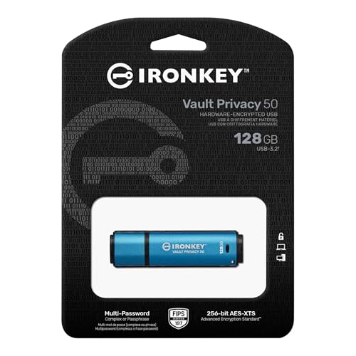 Image of Kingston IronKey Vault Privacy 50 128GB Encrypted USB | FIPS 197 | AES-256bit | BadUSB Attack Protection | Multi-Password Options | IKVP50 /128GB | Fips 197 Xts-Aes-256 Hardware Encryption, Badusb and Brute-Force Protection, Admin and User and Otr, 250 /180mb per S