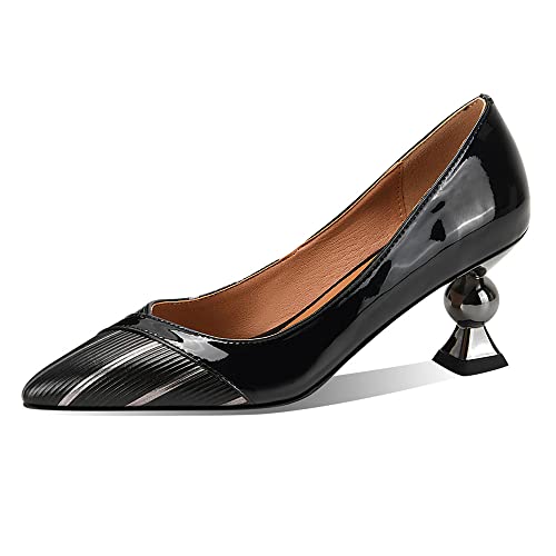 TinaCus Sapato feminino bico fino couro genuíno elegante salto médio artesanal, Preto, 8
