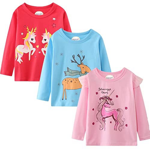 Image of Girl Long Sleeve Shirts Christams Tops Tees Cotton Casual Stripe Crewneck Graphic Jersey Tunic T-Shirts 3 Packs Sets