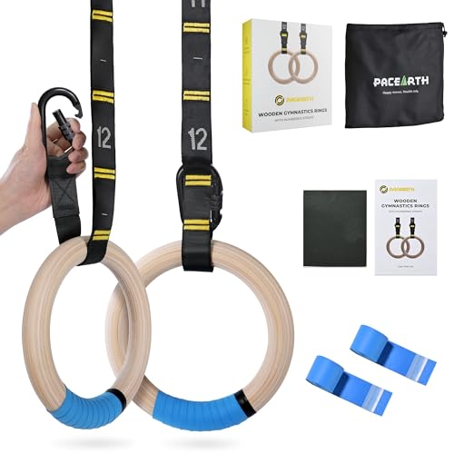PACEARTH Gymnastics Rings 32mm Wooden Olympic Rings Support 1500lbs Locked Carabiners 9ft Double-Layer Numbered Straps Non-Slip Gym Rings for Home Gym Full Body Workout