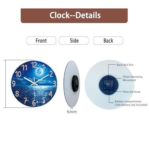 Image of XFM Blue Glass Wall Clock Battery Operated 14 Inch Moon Ocean | Silent Non Ticking Round Analog Modern Nature Decorative for Kitchen Bedroom Bathroom Decor
