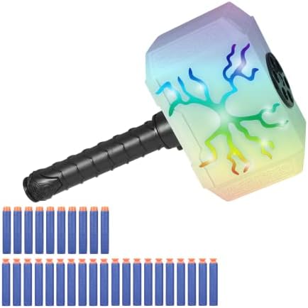 Thor Dart-Blasting Hammer Toys for Nerf Guns-Toys for 5 6 7 8+ Year Old Boys,Kids Roleplay Toy Thunder Mjolnir for with Lights, with 30 Darts