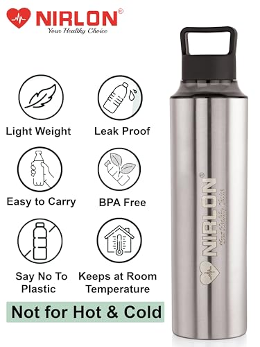 Image of NIRLON Eco Pure Single Wall Stainless Steel Water Bottle, Water Bottles For Fridge Pack of 2|Leak Proof|Office|Gym Bottle|Home|Kitchen|Hiking|Treking Bottle|Travel Bottle [Black Color|900ml]