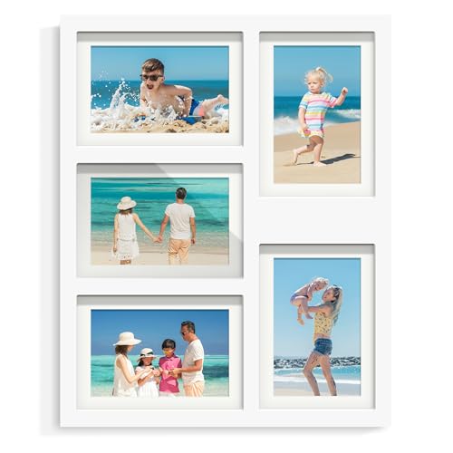 Image of DUENPY 5x7 Picture Frame Collage Holds 5 Photos Made of High Definition Glass, Mat for Display 4x6 Picture Frame Collage Photo for Wall Decor White
