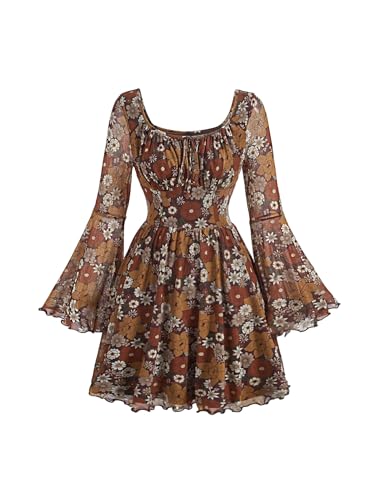 BEAUDRM Women's Vintage Floral Short Dress Boho Ruched Bell Long Sleeve A Line Fall Dresses Multicolor Small