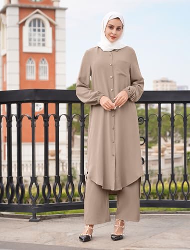 Elegant Khaki Plus Size Muslim Dress Set - ODIZLI 2-Piece Kaftan Abaya with Pants for Eid and Everyday Wear - Image 6
