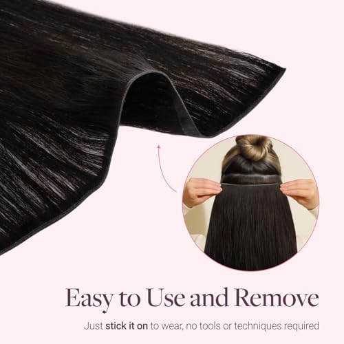 Image of GOO GOO Tape In Weft Hair Extensions Human Hair, Genius PU Long Weft Tape In Hair Extensions Real Human Hair, Silky Easy to Use, 1B Natural black 16 inch 100g