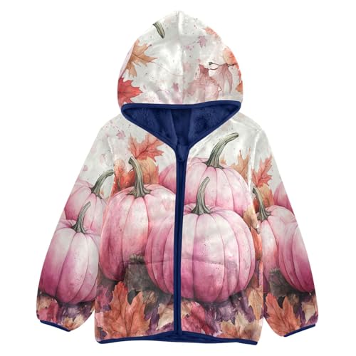 Pink Pumpkins Autumn Leaves Toddler Fleece Jacket Girl Boys Hooded Fleece Jacket Coat Warm Outwear Zip-up 3-10T