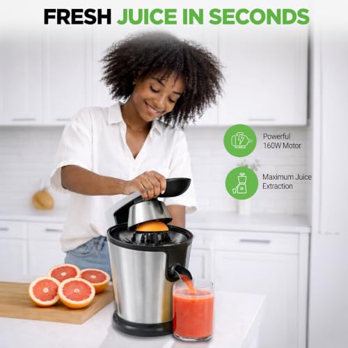 NutriChef Electric Orange Juicer Squeezer – Stainless Steel Citrus Juicer with Manual Press Handle for Oranges, Limes, Grapefruit, Dishwasher Safe Parts, 160W Motor, 10" x 7" x 11" by NutriChef - Used condition - Image 2