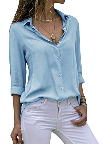Yidarton Women's Long Sleeve V Neck Chiffon Blouses Tops Button Down Business Shirts(Sky Blue,M)