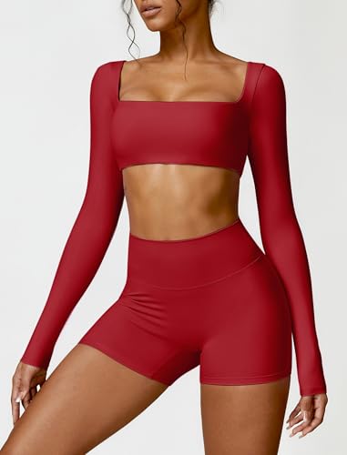 Image of ABOCIW Women Square Neck Long Sleeve Workout Crop Top Low Medium Impact Athletic Yoga Gym Shirts with Built in Bra(ONLY TOP)