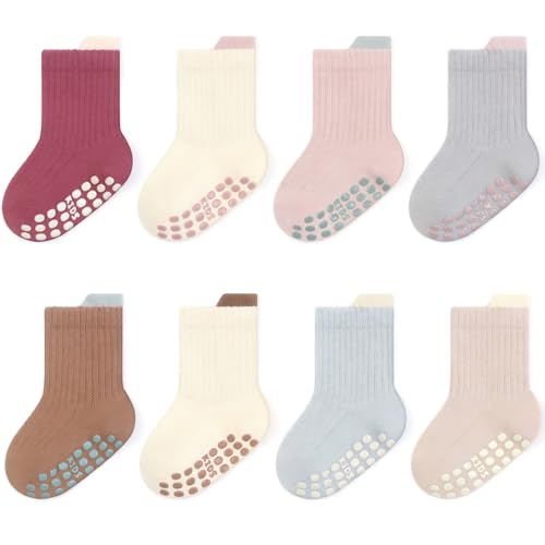 Image of Exegawe 8 Pairs Toddler Non Slip Socks for Boys Girls, Baby Kids Cotton Seamless Crew Anti Skid Gripper Socks 0-5 Years Old