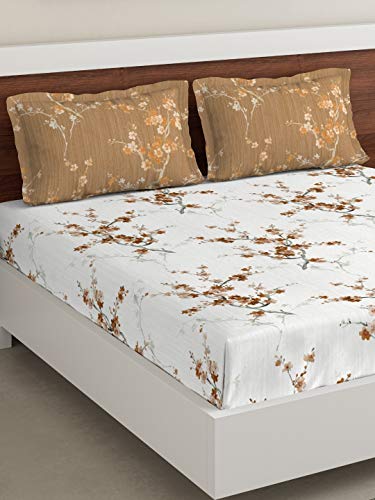 Image of DDECOR - Cherry Blossom 100% Cotton Double Bedsheet with 2 Pillow Covers, Brown