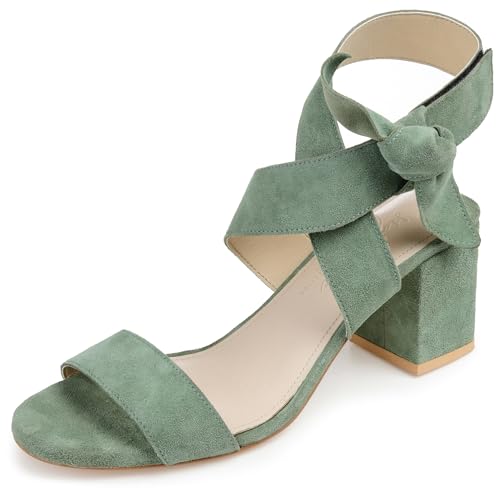 Journee Collection Signature Womens Genuine Leather Hether Suede Bow Ankle Wrap Dress Sandal Padded Hook and Loop Block Heel