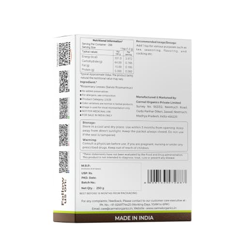 Image of CARMEL ORGANICS Rosemary Leaves 250 Gram, With Spray Bottle | Useful For Hair Growth, Herbal Tea And Cooking, Natural, No Added Preservatives And Additives, Salvia Rosmarinus