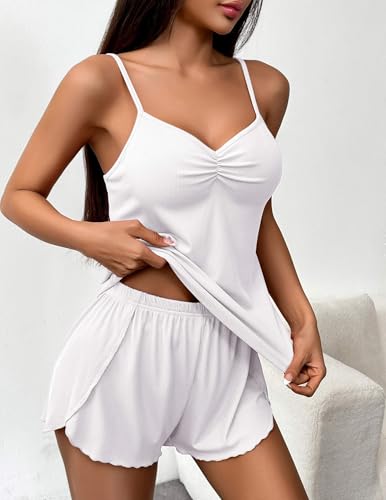 Image of Ekouaer Womens Cami Pajama Sets 2 Piece Ribbed Knit Lingerie Sleeveless Tank Top and Shorts Camisole Pjs Sleepwear
