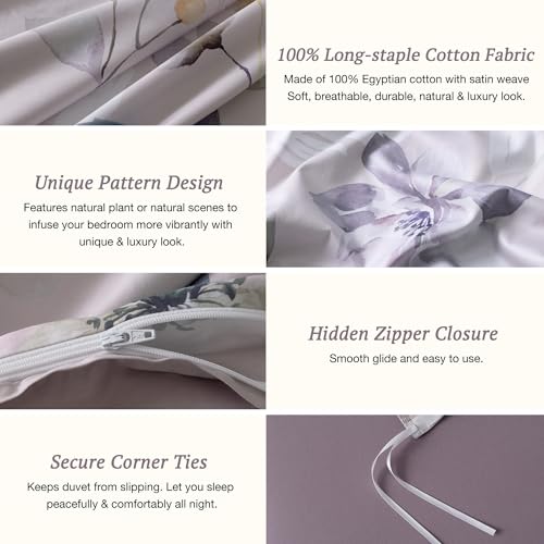 MILDLY 100% Long-Staple Cotton Duvet Cover Set Light Gray Pink Floral Leaf Pattern Printed Comforter Cover 3pcs, Ultra Soft & Breathable Bedding Set